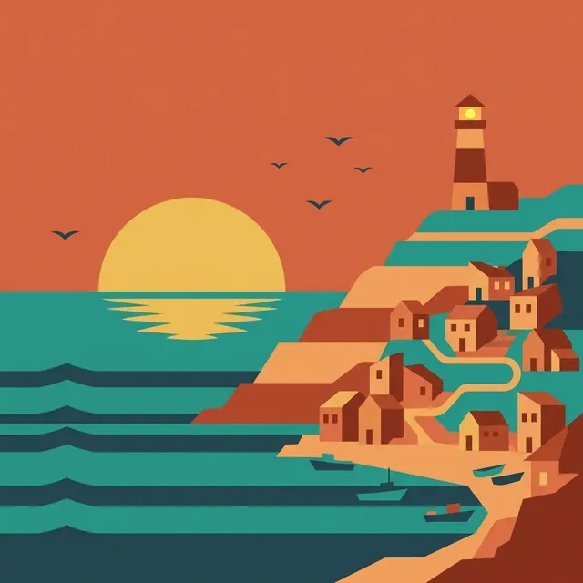 Illustration: Coastal village at sunset